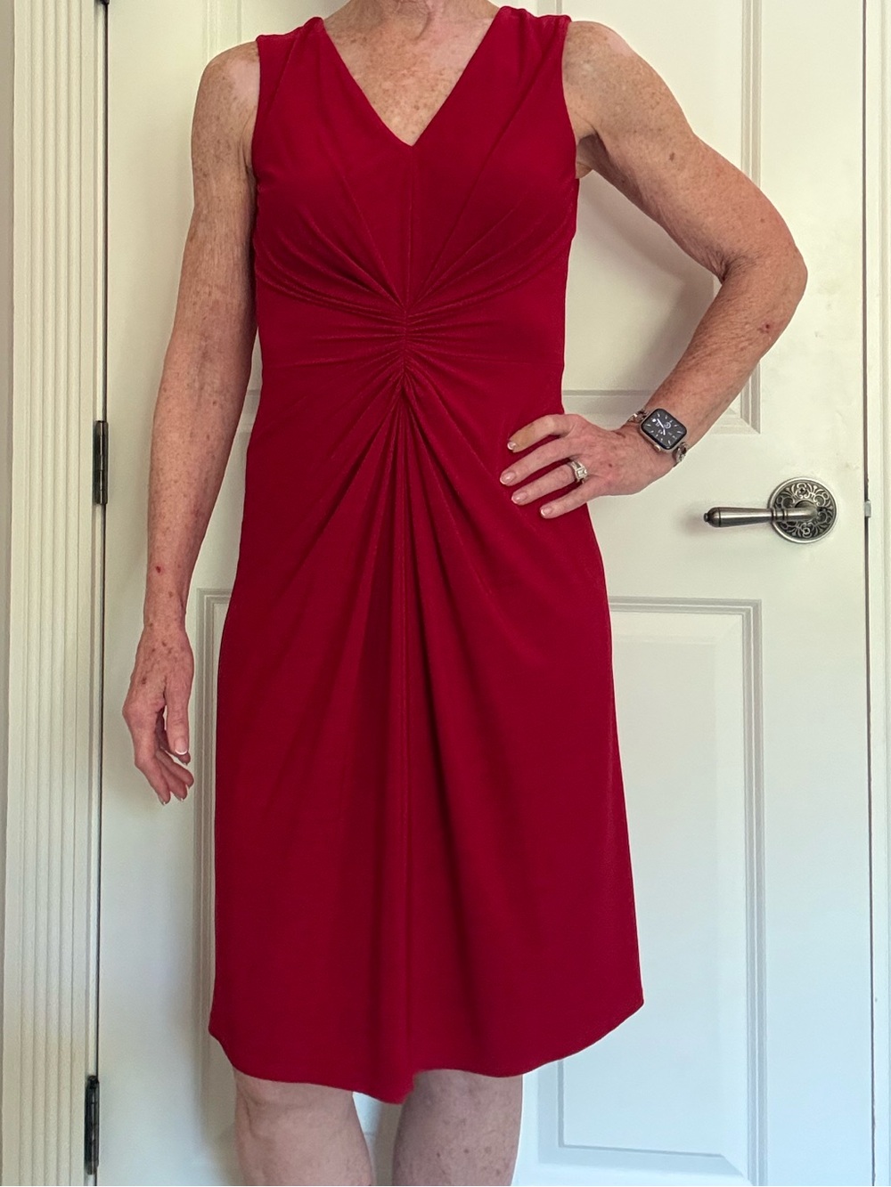 David Meister Red Sheath Midi Dress V-Neck